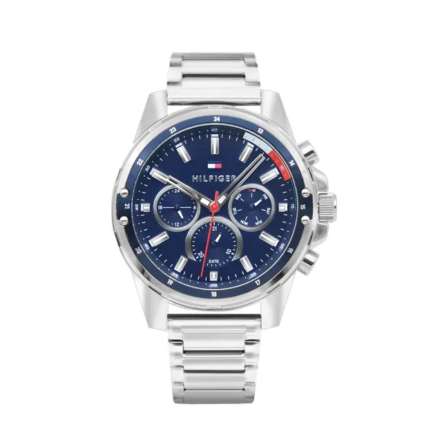 【TOMMY HILFIGER】銀框 藍面 三眼日期顯示 銀色不鏽鋼錶帶 45mm 男錶 石英錶 雙11(1791788)