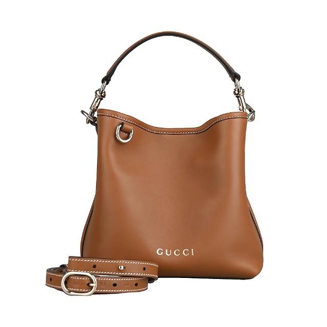 【GUCCI 古馳】GUCCI Emblem系列斜背/手提水桶包(迷你/褐)