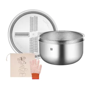 【ZWILLING 德國雙人】Prep不鏽鋼多功能瀝水刨絲調理盆3件組24cm附包/防割手套(德國雙人牌集團官方直營)
