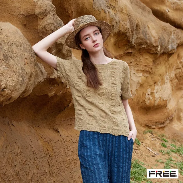 【FREE】free.草木染皺感直紋短袖上衣(米褐)