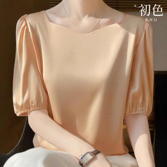【初色】氣質高雅風顯瘦純色圓領燈籠袖短袖T恤上衣女上衣-共7色-13438(L-3XL可選)