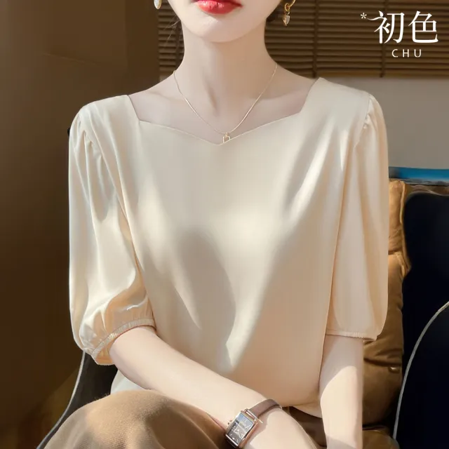 【初色】氣質高雅風顯瘦純色圓領燈籠袖短袖T恤上衣女上衣-共7色-13438(L-3XL可選)