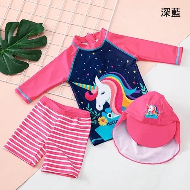 【橘魔法】花草彩虹獨角獸七分袖泳衣+泳褲+防曬泳帽(3件式 套裝 泳裝 泳衣 兒童 女童 童裝 海邊 玩水)
