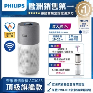 【Philips 飛利浦】升級版-奈米級空氣清淨機-買一送一★適用22坪(AC3033)