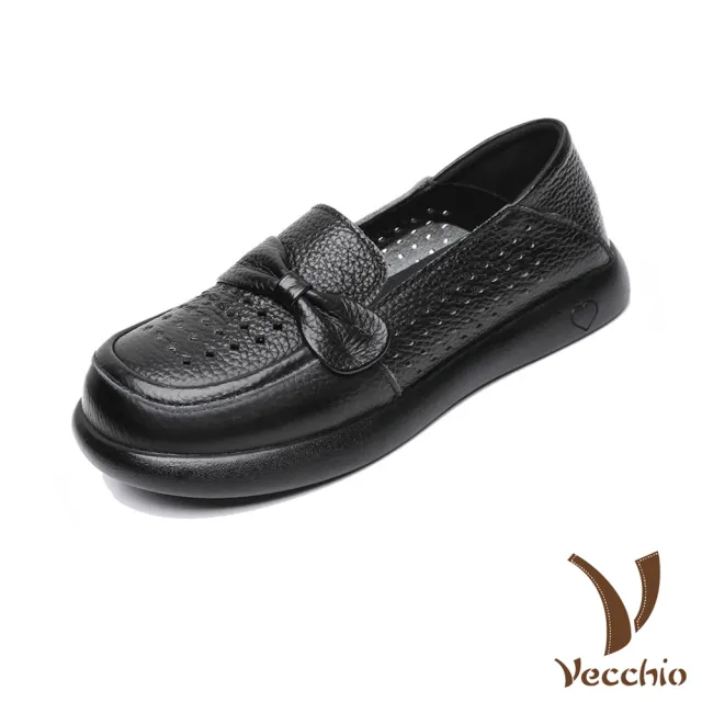 【Vecchio】真皮樂福鞋 平底樂福鞋/真皮頭層牛皮菱格沖孔蝴蝶結兩穿法設計平底樂福鞋(黑)