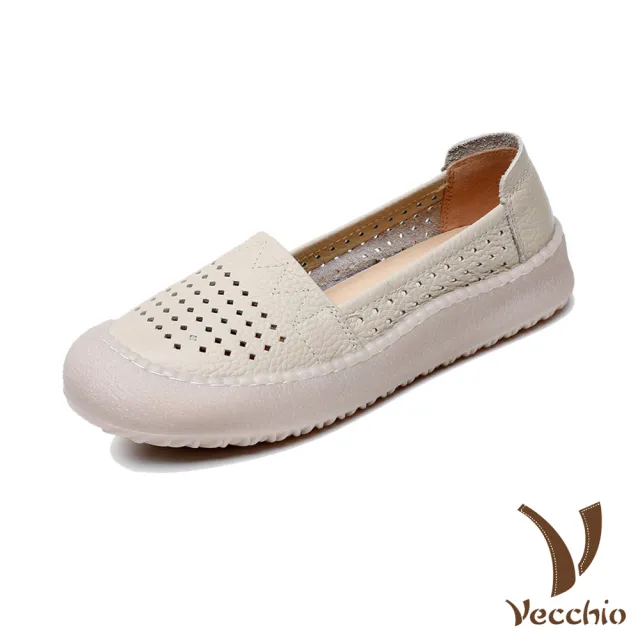 【Vecchio】真皮樂福鞋 厚底樂福鞋/真皮頭層牛皮菱格洞洞沖孔手工縫線厚底樂福鞋(白)
