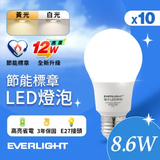 【Everlight 億光】10入組 LED燈泡 12W亮度 超節能plus 僅8.6W用電量(白光/黃光)