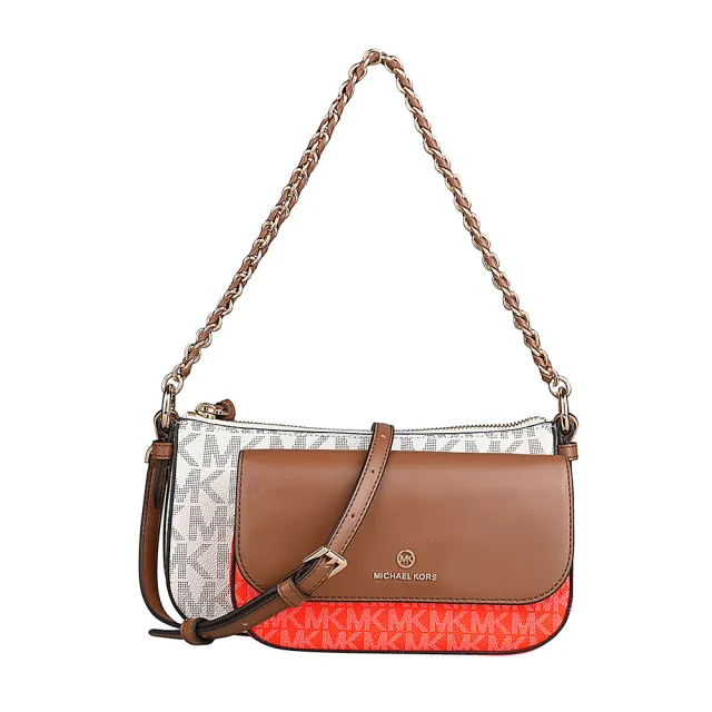 【Michael Kors】MICHAEL KORS 四合一PVC搭牛皮拉鍊釦式手提斜背包(香草白x橡子棕x螢光橘)