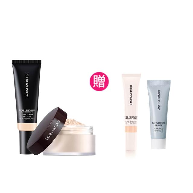 【LAURA MERCIER 蘿拉蜜思】夏日抗汗！超持妝控油組(煥顏透明蜜粉29g+柔焦光感保濕潤色霜45ml)