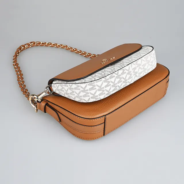 【Michael Kors】MICHAEL KORS 牛皮搭印花塗層帆布拉鍊釦式四合一手提斜背包(橡子棕x香草白)