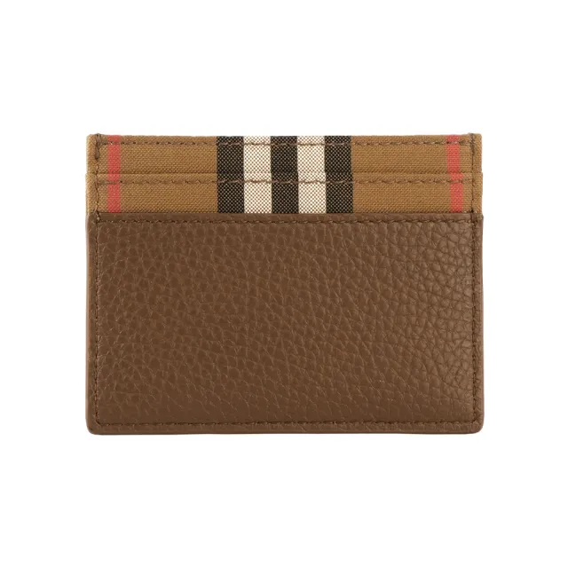 【BURBERRY 巴寶莉】Sandon 格紋帆布及皮革4卡卡片夾/名片夾(土棕色)