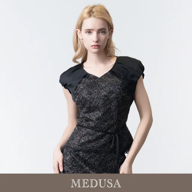 【MEDUSA 曼度莎】現貨-夜語金絲緹花泡泡袖蕾絲上衣(M-XL)|女上衣 宴會禮服 蕾絲緹花(605-5360A)