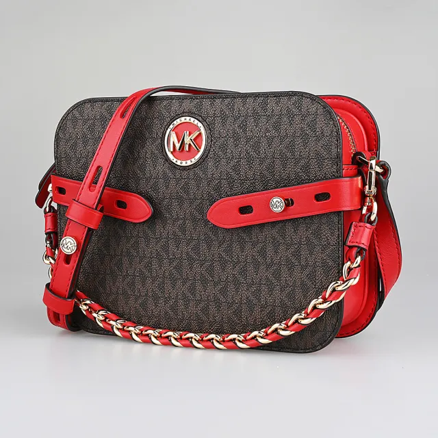 【Michael Kors】MICHAEL KORS Carmen側邊可調節設計印花塗層帆布搭牛皮拉鍊斜背方包(深褐x紅)