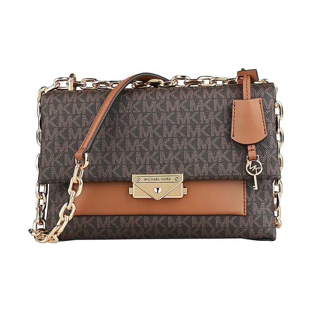 【Michael Kors】MICHAEL KORS CECE刻印LOGO印花塗層帆布扣式手提斜背包(中/深褐x橡子棕)