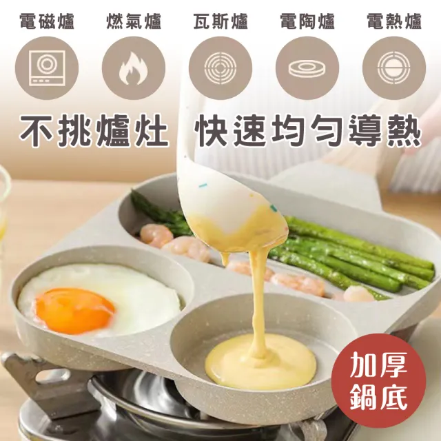 【鼎匠】升級版★三合一早餐煎蛋鍋雞蛋漢堡鍋牛排麥飯石不沾平底鍋(米白2圓孔+1長方型煎荷包蛋模具電磁爐)