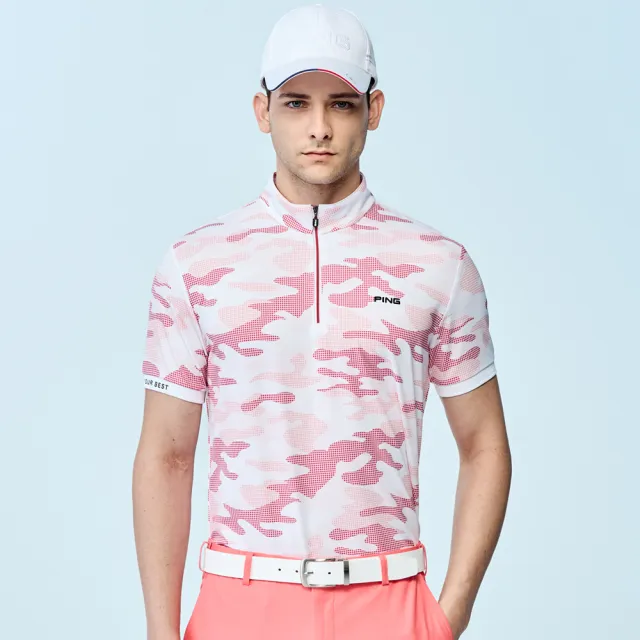 【PING】男款迷彩抗UV高爾夫短袖立領上衣-紅(吸濕排汗/GOLF/高爾夫球衫/PA25128-18)