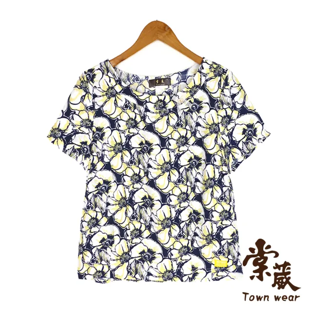 【TOWN’WEAR 棠葳】輕薄滿版花卉上衣(中大尺碼/女上衣/女上著/短袖/棉質/鑽飾/涼感/休閒)
