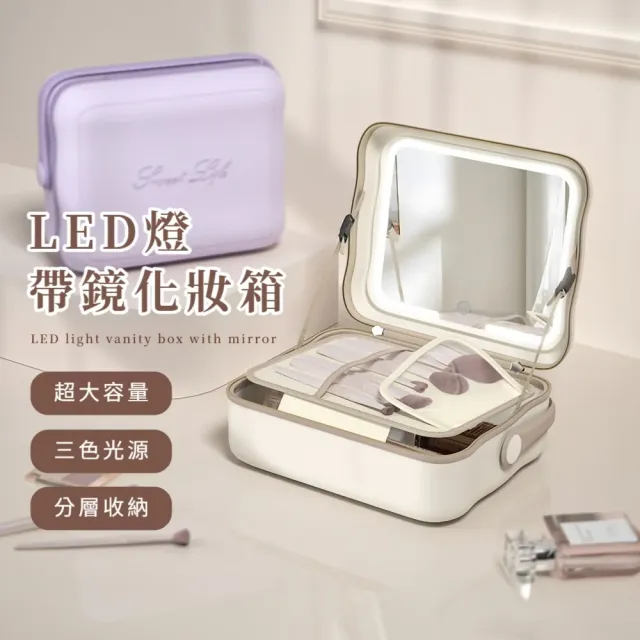 LED燈帶鏡化妝箱(手提箱 補光燈 鏡子 化妝包 化妝品收納包 美妝鏡 化妝工具 洗漱包)