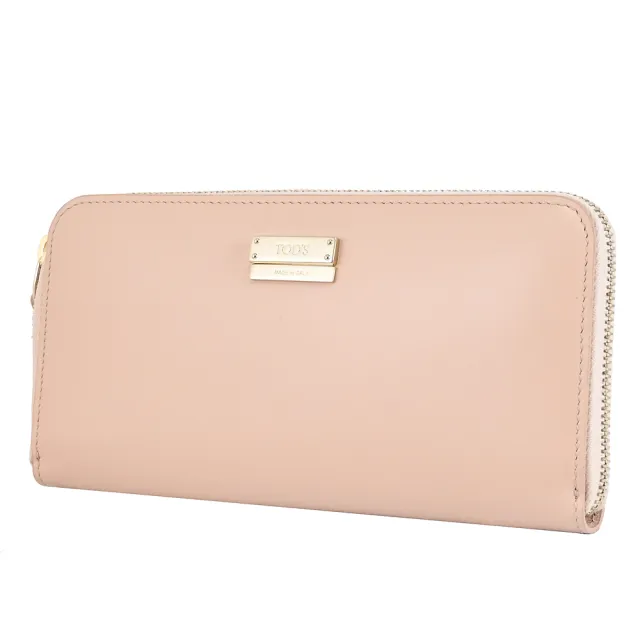 【TOD’S】TODS 簡約LOGO滑面牛皮拉鍊發財零錢長夾(淺粉)