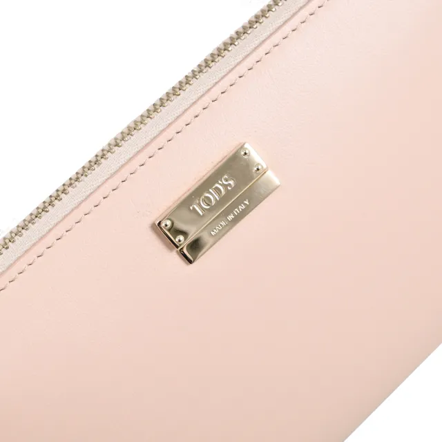 【TOD’S】TODS 簡約LOGO滑面牛皮拉鍊發財零錢長夾(淺粉)
