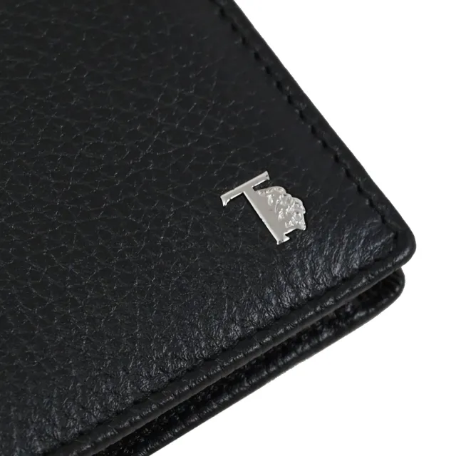 【TOD’S】TODS 金屬T 獅子LOGO小牛皮雙層4卡零錢短夾(黑)