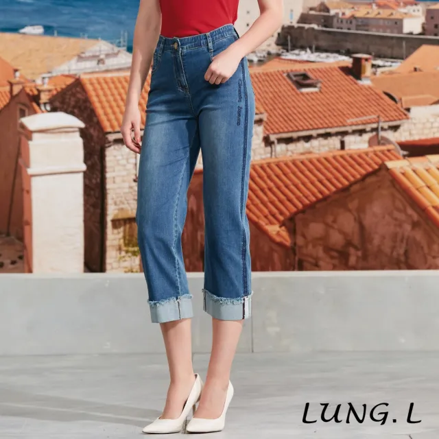 【LUNG.L 林佳樺】LR65E 藍色小直筒褲口翻褶女裝牛仔褲(春夏新品)