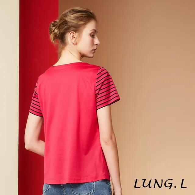 【LUNG.L 林佳樺】LS12A 桃紅色條紋脇邊拼接素面棉質短袖女裝T恤(春夏新品)