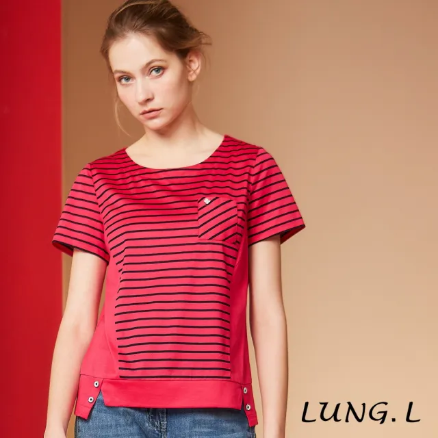 【LUNG.L 林佳樺】LS12A 桃紅色條紋脇邊拼接素面棉質短袖女裝T恤(春夏新品)