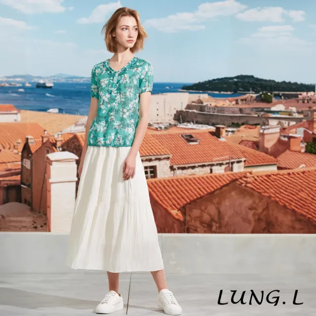 【LUNG.L 林佳樺】LS44A 湖綠色印花荷葉領短袖棉質女裝上衣(春夏新品)