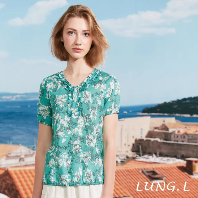 【LUNG.L 林佳樺】LS44A 湖綠色印花荷葉領短袖棉質女裝上衣(春夏新品)