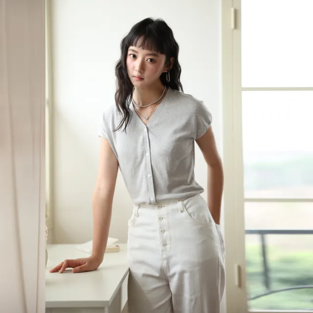 【BODYAIR】出清-V領鈕釦衫天絲亞麻短袖上衣(T恤.透氣.鬆軟.針織.外套.CASUAL)