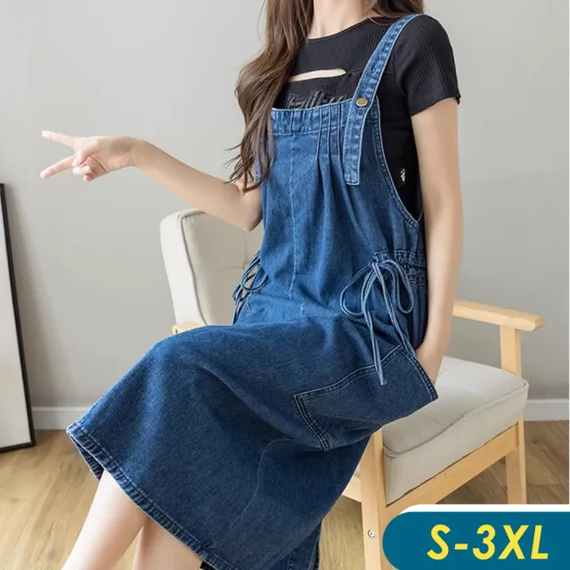 【CHACO】/預購/女中大碼 吊帶牛仔雙側繫帶寬鬆連身裙#5005(吊帶 牛仔 連身裙 四季)