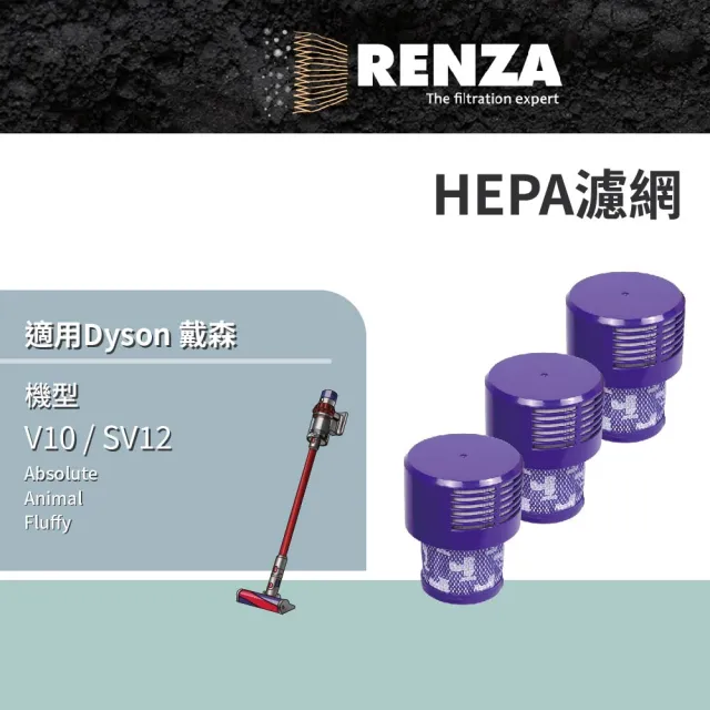【RENZA】適用 Dyson 戴森 吸塵器 V10 SV12 HEPA濾網 3入組(替代 969082-01 HEPA濾網)