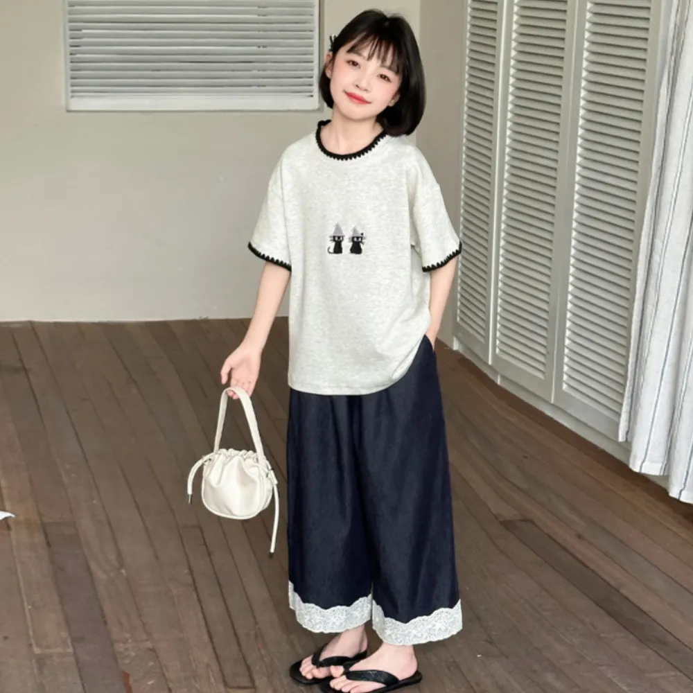 【UniKids】中大童裝短袖T恤 刺繡小貓上衣 女大童裝 VPSM2596(上衣)