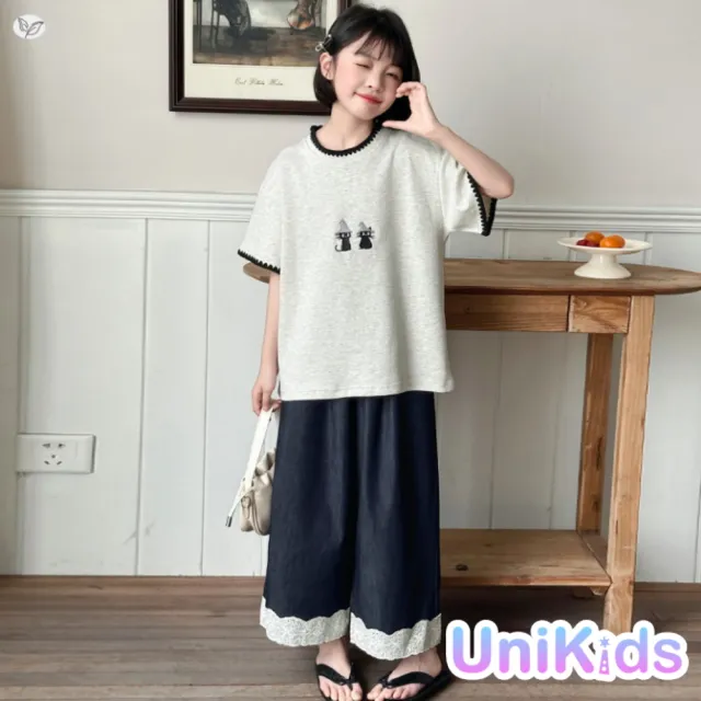 【UniKids】中大童裝短袖T恤 刺繡小貓上衣 女大童裝 VPSM2596(上衣)