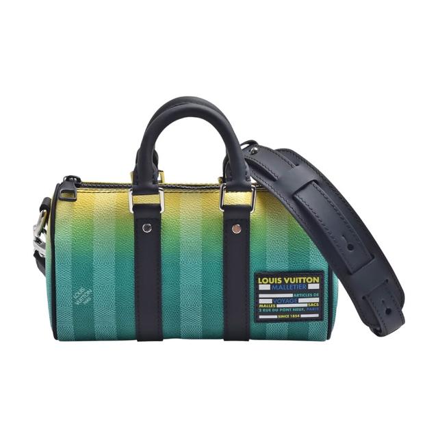 【Louis Vuitton 路易威登】M59949 經典Damier Stripes系列漸層帆布牛皮提把手拿/斜背包(黃綠色)