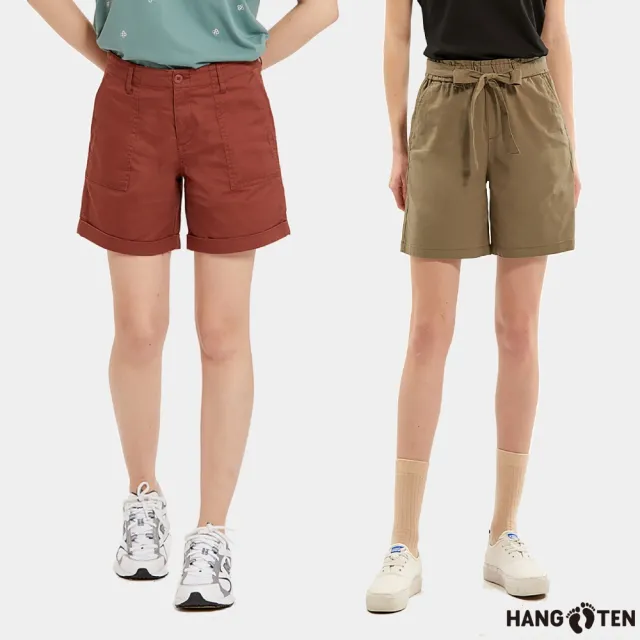 【Hang Ten】買一送一 女裝-人字紋休閑短褲/平紋可拆綁帶鬆緊短褲(2入組)