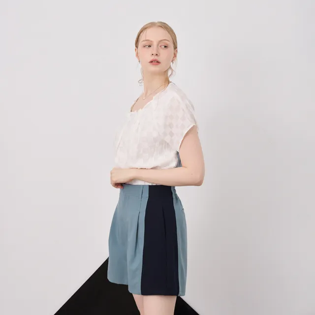 【MASTINA】異材質拼接提花短袖襯衫(白 粉/魅力商品)