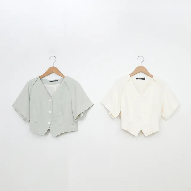 【MASTINA】拉克蘭袖馬甲短版短袖襯衫(綠 米/魅力商品)