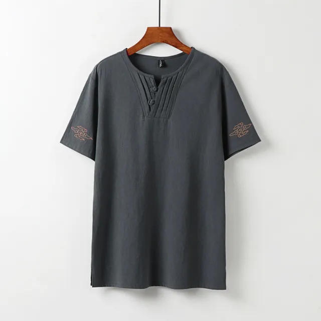 【米蘭精品】現貨+預購 新中式棉麻上衣棉麻襯衫T恤透氣日系亞麻休閒男裝(父親節送禮物復古風刺繡5色t1lk30)