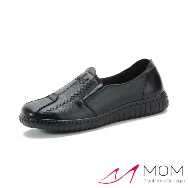 【MOM】真皮樂福鞋 軟底樂福鞋/真皮頭層牛皮刺繡縫線復古軟底樂福鞋(黑)