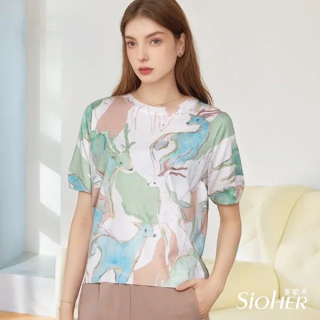 【SiOHER 熹歐禾】現貨 法式手繪印染鑽飾真絲衣三件組(女上衣/圓領/T恤)