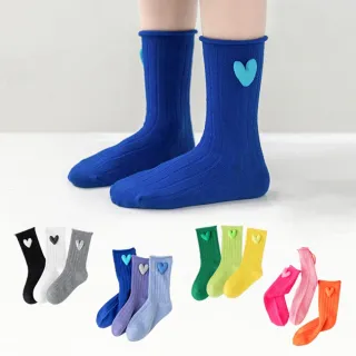 【橘魔法】（3雙一組）俏皮色系立體愛心捲邊中筒襪(襪子 堆堆襪 兒童 童襪 女童 兒童 童襪 童裝)