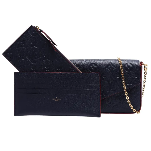 【Louis Vuitton 路易威登】M64099經典Monogram Empreinte壓紋手拿/斜背包(海軍藍/紅色)