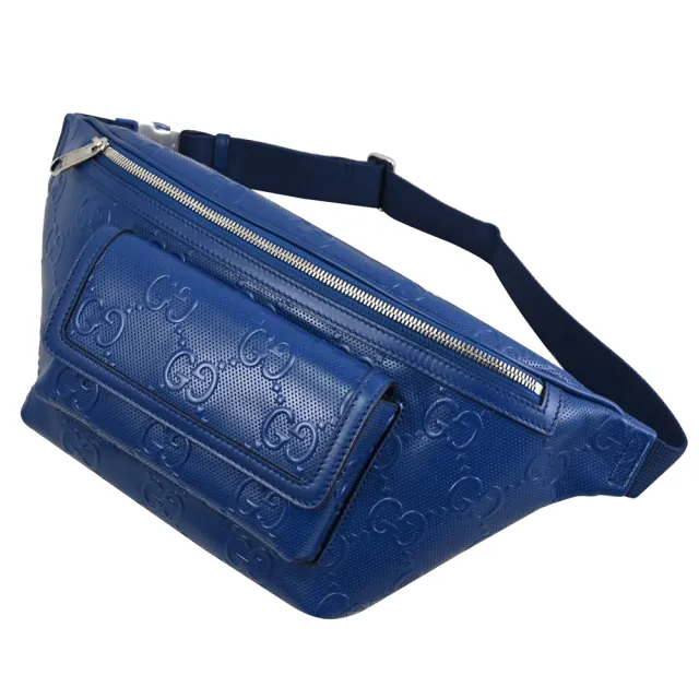 【GUCCI 古馳】新款經典雙G LOGO皮革壓花三用後背包胸口包腰包(藍)