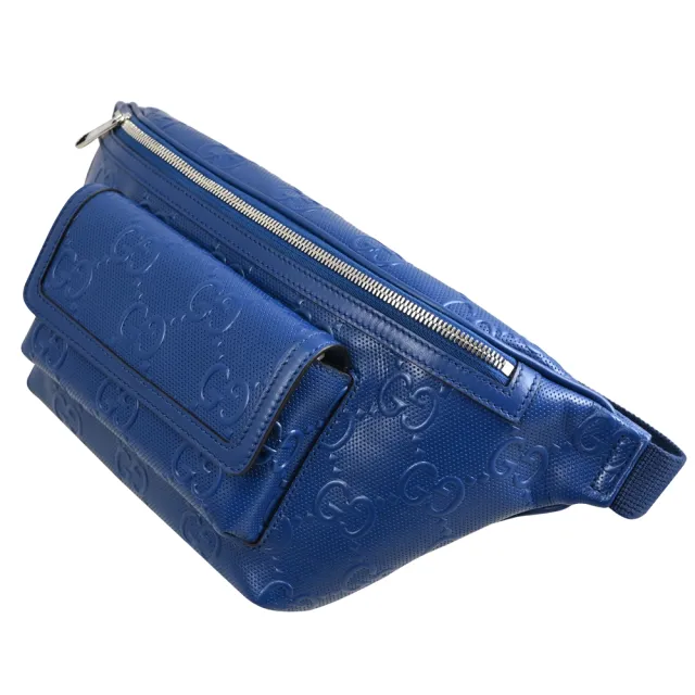 【GUCCI 古馳】新款經典雙G LOGO皮革壓花三用後背包胸口包腰包(藍)