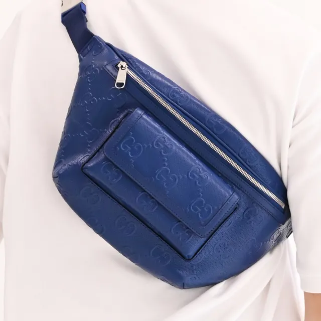 【GUCCI 古馳】新款經典雙G LOGO皮革壓花三用後背包胸口包腰包(藍)