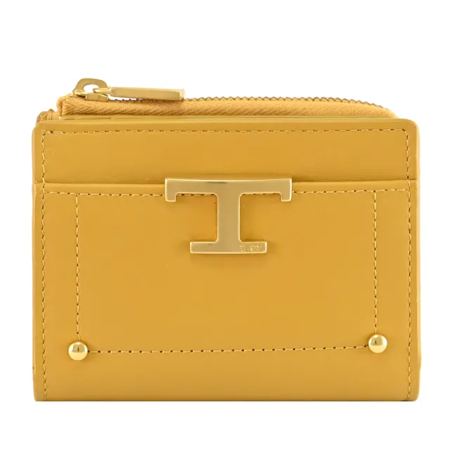 【TOD’S】TODS T Timeless 金屬T LOGO小牛皮扣式零錢短夾(淡黃)