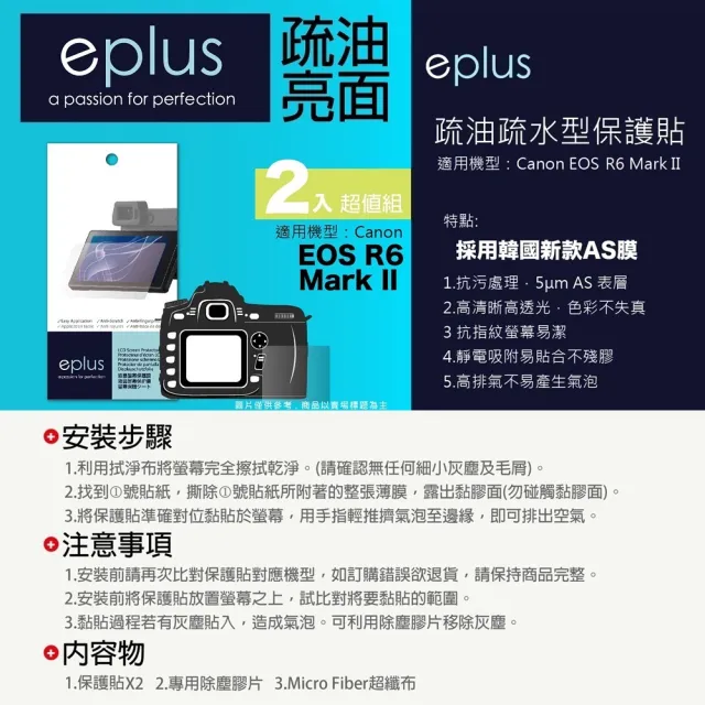 【eplus】疏油疏水型保護貼2入 EOS R6 Mark II(適用 Canon R6 II)