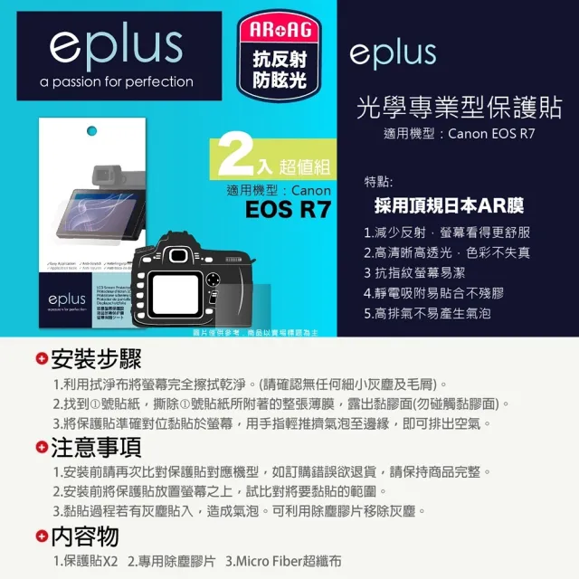 【eplus】光學專業型保護貼2入 EOS R7(適用 Canon R7)